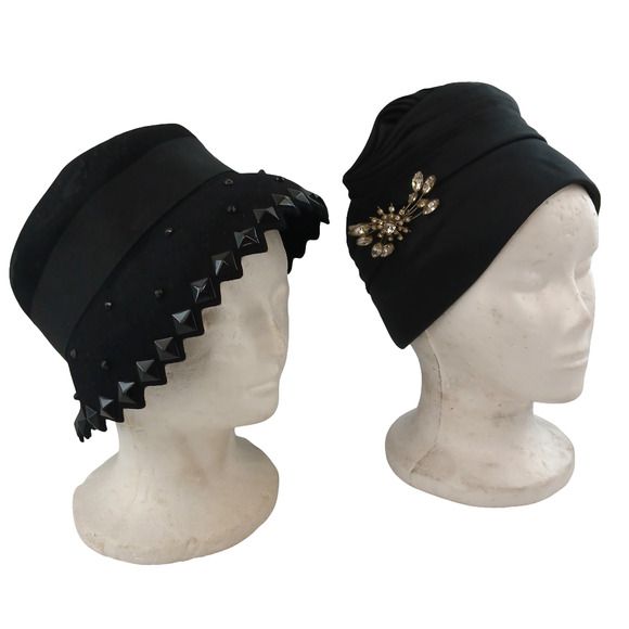 Lot of 2 VTG Womens Black Cloche Hat Studded Trim Rhinestone Brooch Gothic Style main image 13